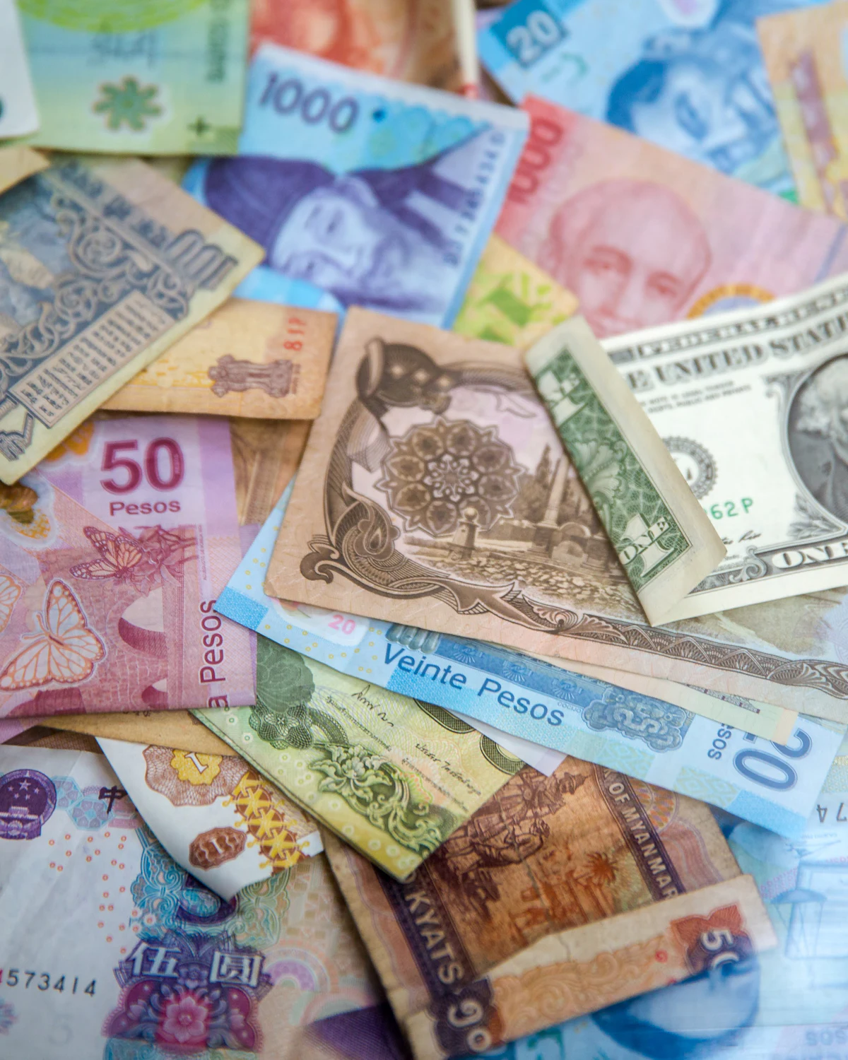 International banknotes on a table